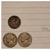 1860s INDIAN HEAD CENT AND (2) 1940s NICKELS