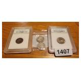 GRADED PENNY, GRADED NICKEL AND 2 BUFFALO NICKELS