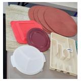 PLACE MATS, TUPERWARE DISH, LIDS, AND ORGANIZER