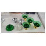 GREEN AND CLEAR GLASS CUSTARD CUPS WITH STANDS