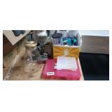 LOT OF ORGANIZERS, BOTTLES, DECORATIVE JARS, ETC