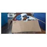 BOX FULL OF CLOTHING, TIN, ETC.