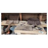 2 SHOVEL HEADS, AXE HEAD, HAMMER HEAD AND HOOK