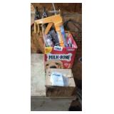 BOX OF TOOLS, JBWELD, BRASS CARPET FLANGES