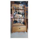 COLLECTOR SOUVENIR SPOON RACK W/ DRAWER FULL