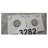 1936, & 1939, SILVER MERCURY HEAD DIMES