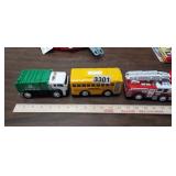 GARBAGE TRUCK, SCHOOL BUS, AND FIRETRUCK