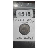 1942-S WW2 JEFFERSON NICKEL, 35% SILVER