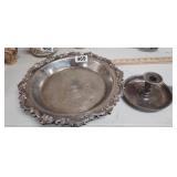SILVER PLATED PLATTER AND CANDLE HOLDER