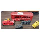 CAST IRON TRAIN CAR (MISSING WHEELS) & TRAIN CARS