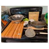 STRAINER, CUTTING BOARD, ROLLING PIN, PANS, MEASUR