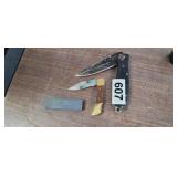 2 FOLDING KNIVES AND SHARPENING STONE