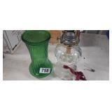 GREEN VASE AND OIL LAMP BASE