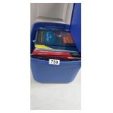 TOTE WITH LID W/ ADDRESS LABELS, LINEN PAPER, ETC.