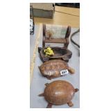 WOOD BENCH AND TURTLE TRINKET BOXES