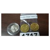 (2) CHUCKIE CHEESE TOKENS, AND 1996 NICKEL