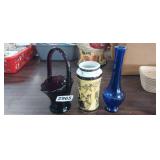GLASS BASKET, BUD VASE, ETC. LOT