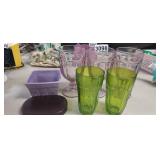 (3) GOBLETS, (2) GREEN GLASSES, PLUS