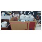 BOX FULL OF WATER BOTTLES, PITCHER, MUGS, JARS, EC