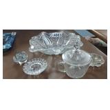 LOT OF CUT GLASS BOWL, FROG, CANDLE HOLDER, ETC.