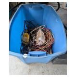 TOTE OF EXTENTION CORDS AND WORK LIGHTS