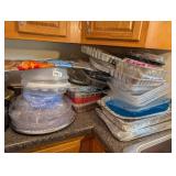 LARGE LOT OF FOIL PANS, PLATE COVERS, INSULATED BA