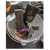 BASKET WITH CASES, WETSTONES, POCKET KNIVES, PLUS