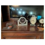 3 CLOCKS AND CANDLE HOLDER