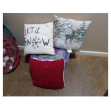 HOLIDAY THROW PILLOWS AND TOTE OF CHRISTMAS GOODIE