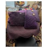 PURPLE BEDSPREAD  AND DECORATIVE PILLOWS