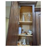 CABINET FULL OF KITCHEN GOODIES, GLASSES, VASES, E