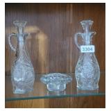2 OIL AND VINEGAR BOTTLES AND CANDLE HOLDER