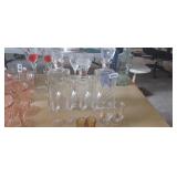BARWARE, 3 DECANTERS, WINE, SHOT GLASSES