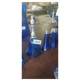 COBALT BLUE BELL DECANTER AND SALT & PEPPER SHAKER