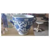 VINTAGE BLUE AND WHITE 10" TALL PLANTER WITH HANDL