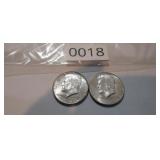 (2) 1964 90% SILVER KENNEDY HALF DOLLARS