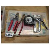 BOX OF ELECTRICAL HARDWARE AND HAND TOOLS
