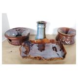 Stoneware planters, vase and platter