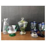 Colorful glass set with Victorian style candy jar