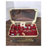 Vintage cuff links, pins and pen in case