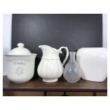 Cookie jar, pitcher and two vases