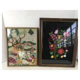 Vintage framed embroidered flower artwork