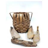 Woven basket with vintage shoe forms