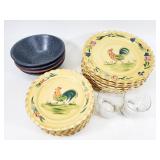Rooster plates and metal bowls
