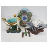 Ceramic bowl, wolf art, clock and light fixture