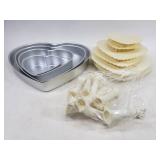 4 heart cake pans and heart cupcake stand