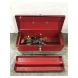 Red metal tool box w/ tools inside
