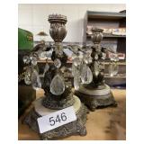 Ornate Metal Candle Holders Cherubs Glass Prisms