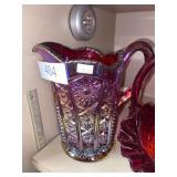 Ruby Red Carnival Glass Iridescent Pitcher
