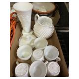 White Milk Glass Hobnail Cup Set Pitcher Vase